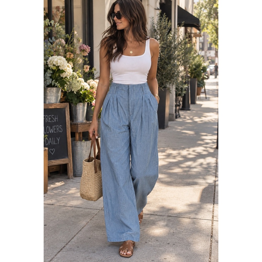 ZARA Paperbag Pleated Wide Leg Pants Blue M